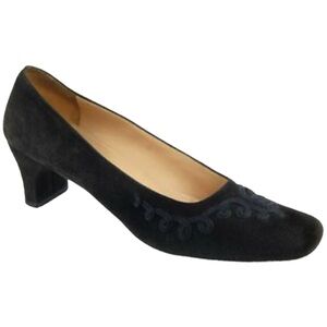 Salvatore Ferragamo Black Suede Square Toe Pumps Italy Size 6.5 B Block Heel Vtg